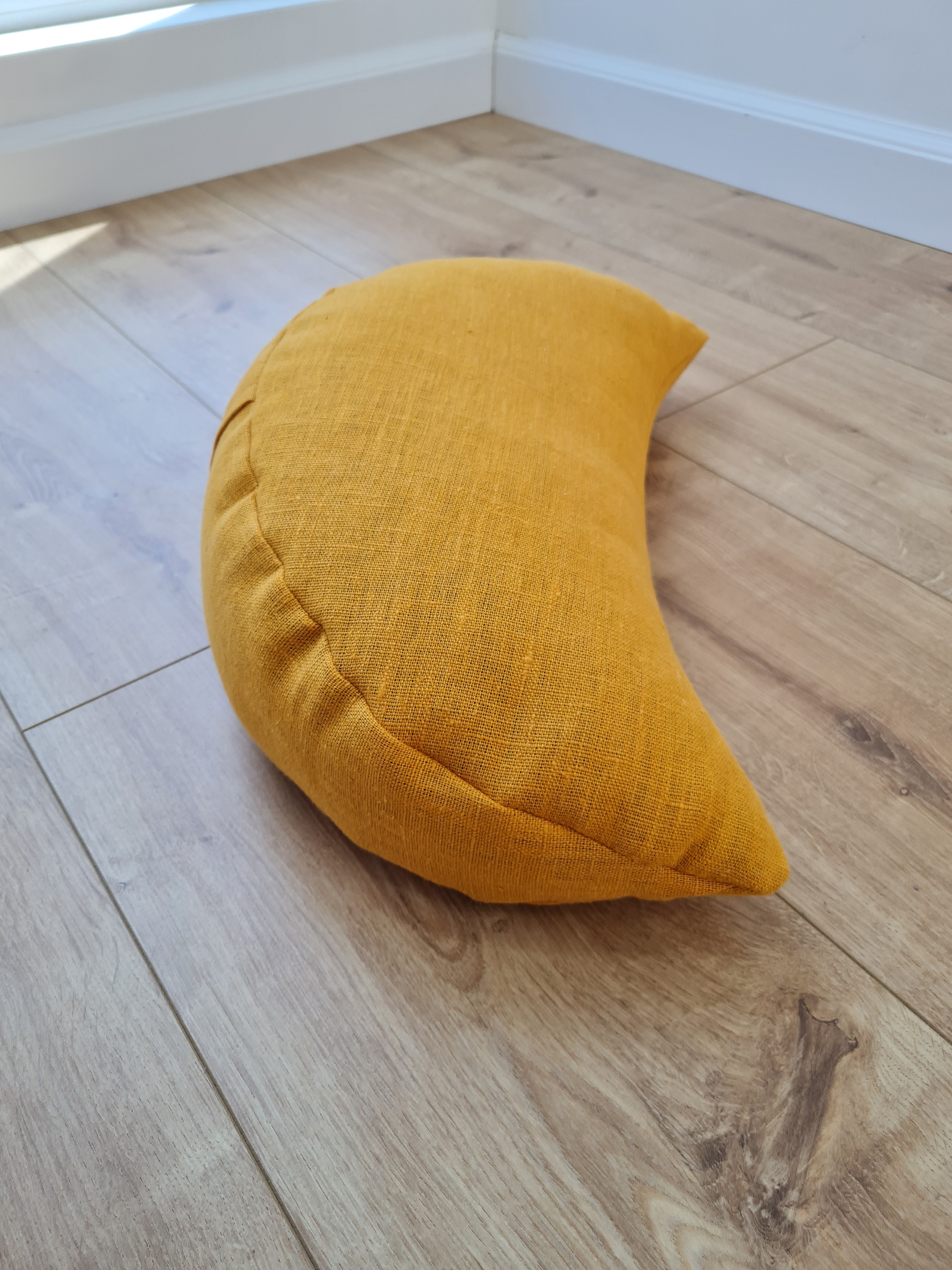 Mustard linen meditation Cresсent cushion filled with buckwheat hulls Yoga support pillow