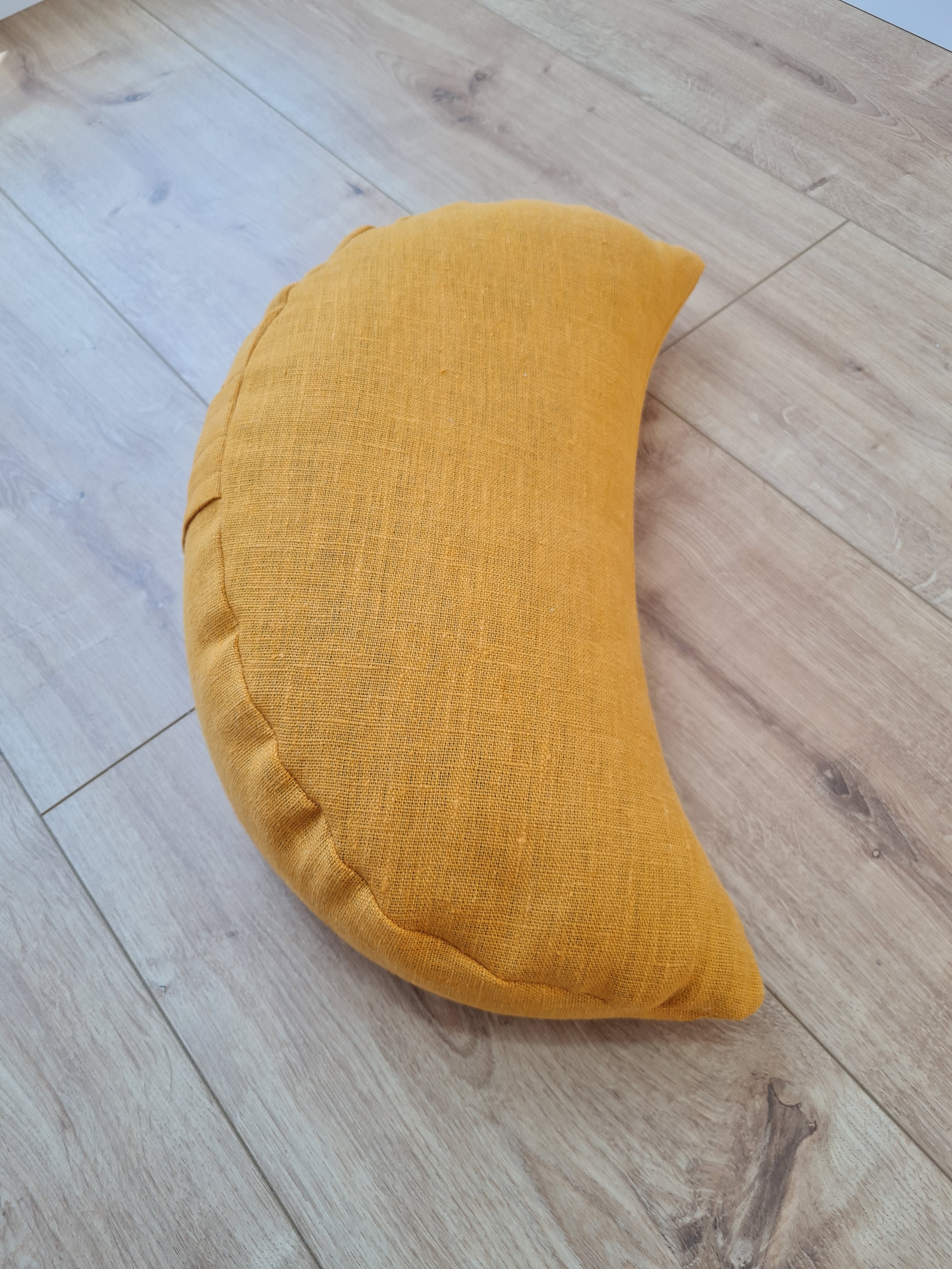 Mustard linen meditation Cresсent cushion filled with buckwheat hulls Yoga support pillow