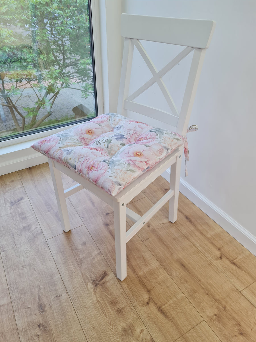 Hemp Chair Seat Cushion filled organic Hemp Fiber in Pink Peonies natural cotton fabric Custom Size, Pillow seat