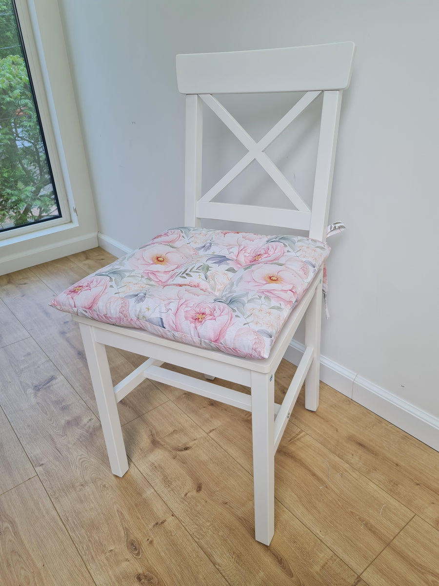 Hemp Chair Seat Cushion filled organic Hemp Fiber in Pink Peonies natural cotton fabric Custom Size, Pillow seat