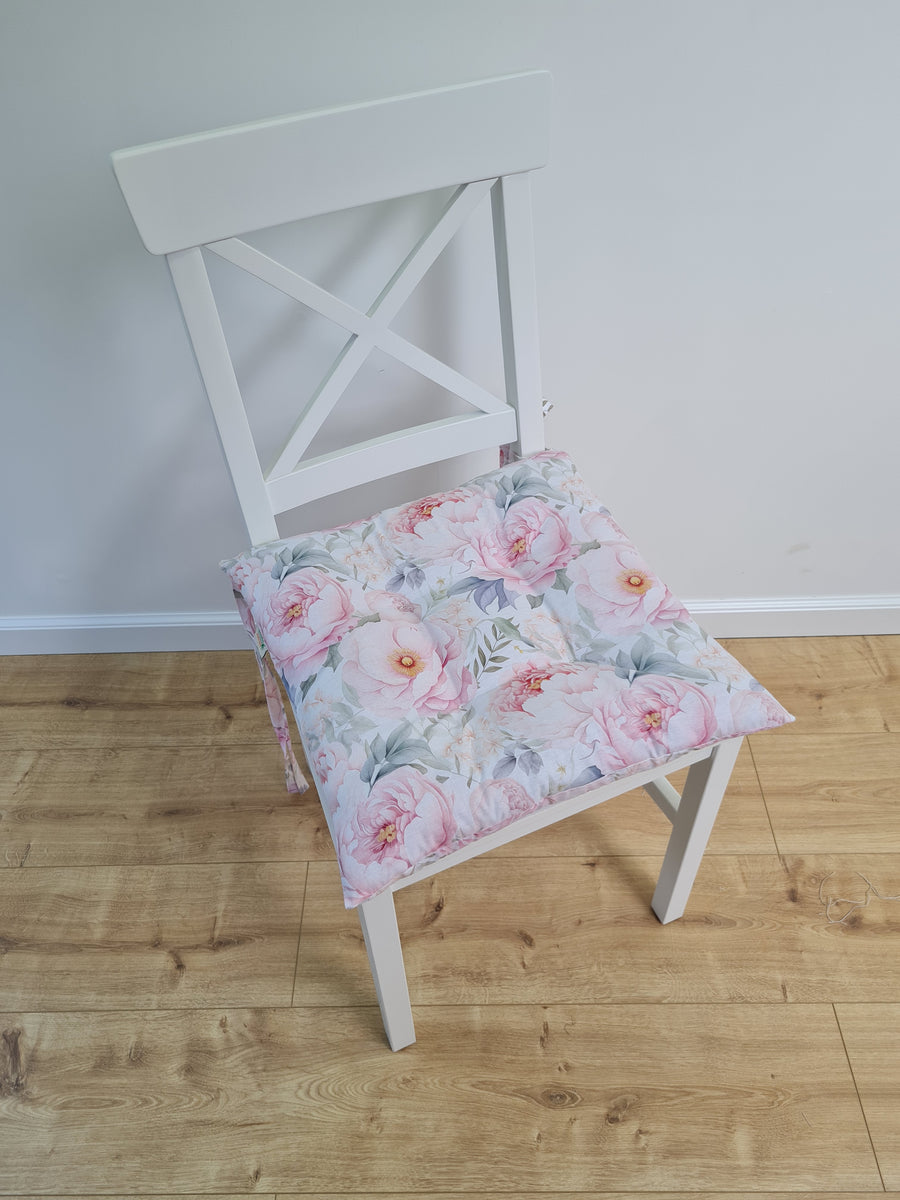 Hemp Chair Seat Cushion filled organic Hemp Fiber in Pink Peonies natural cotton fabric Custom Size, Pillow seat