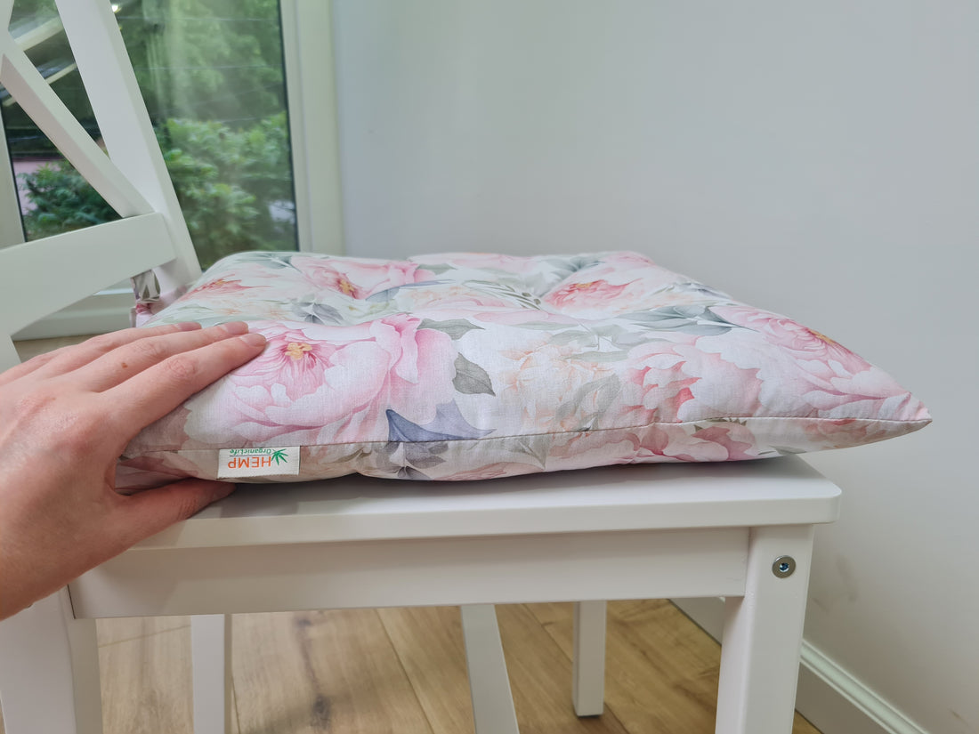 Hemp Chair Seat Cushion filled organic Hemp Fiber in Pink Peonies natural cotton fabric Custom Size, Pillow seat