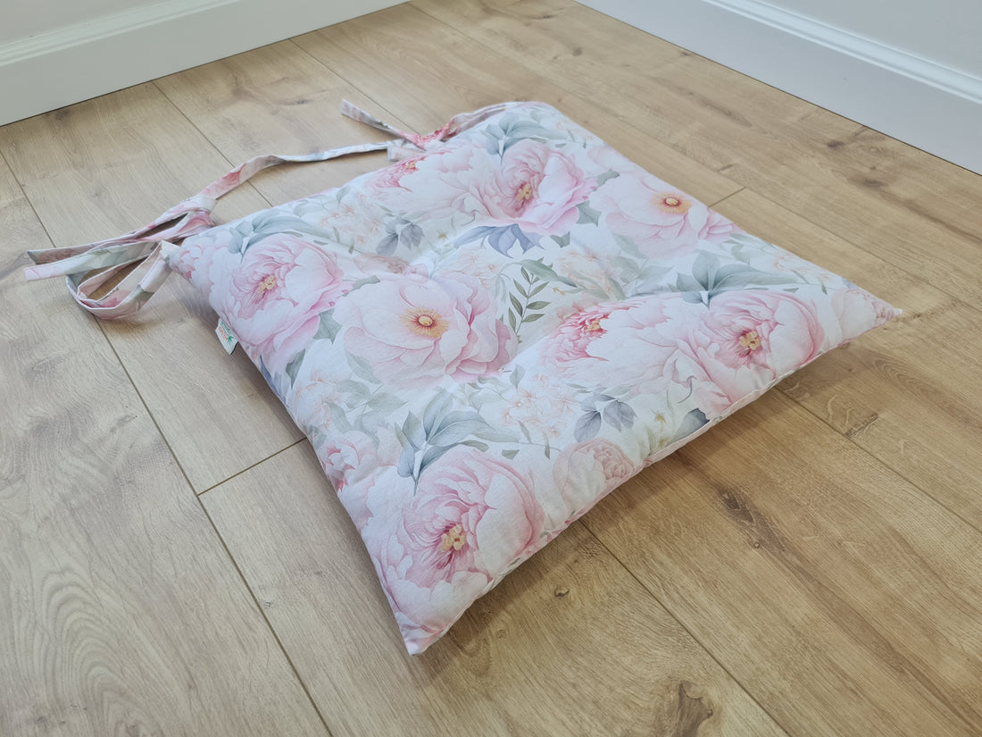 Hemp Chair Seat Cushion filled organic Hemp Fiber in Pink Peonies natural cotton fabric Custom Size, Pillow seat
