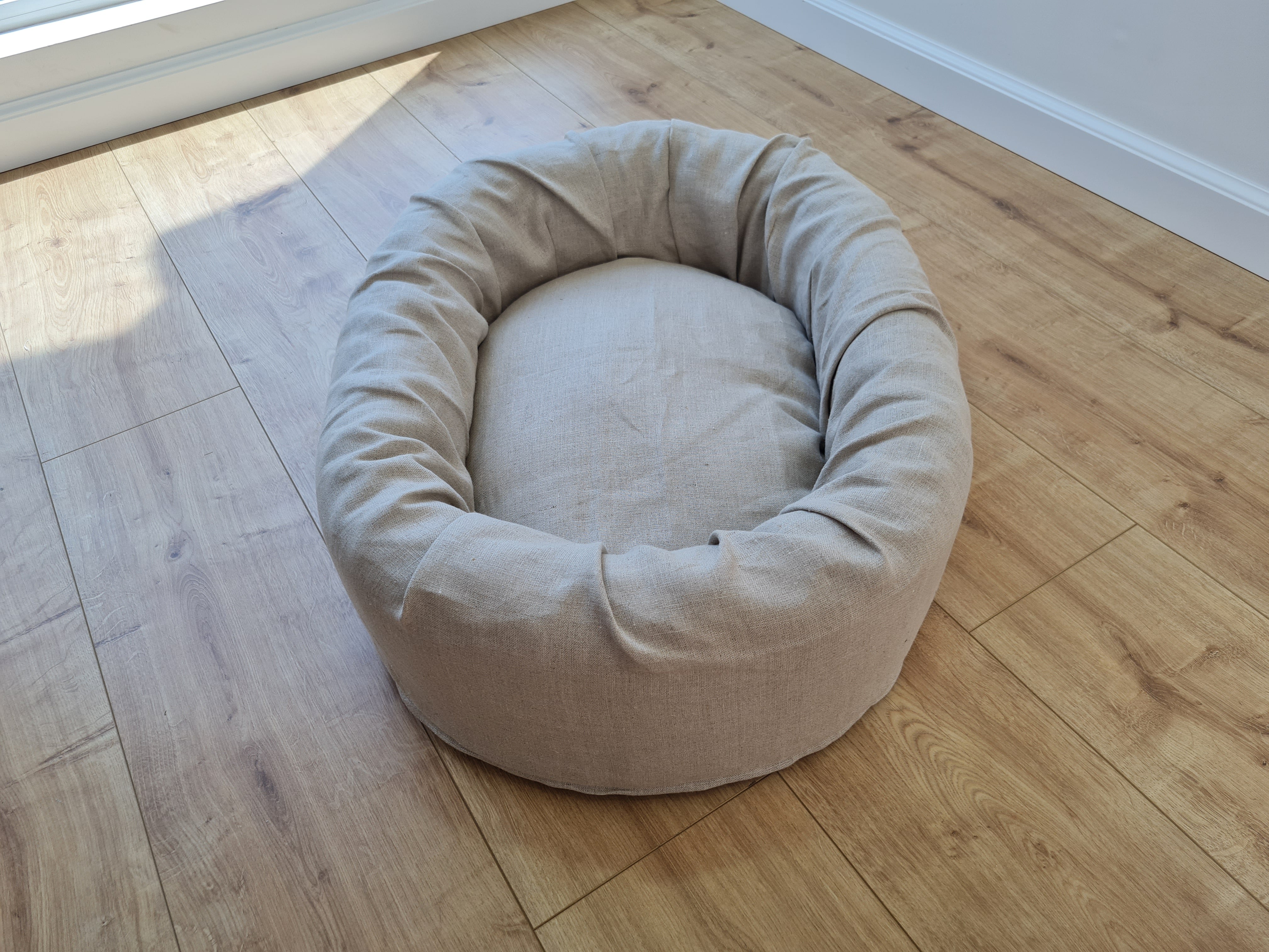 Special listing for Sarah McNamee two oval beds 30" x 20" with removable covers in natural linen in a grey shade and one 30"x47" pet blanket in natural undyed linen