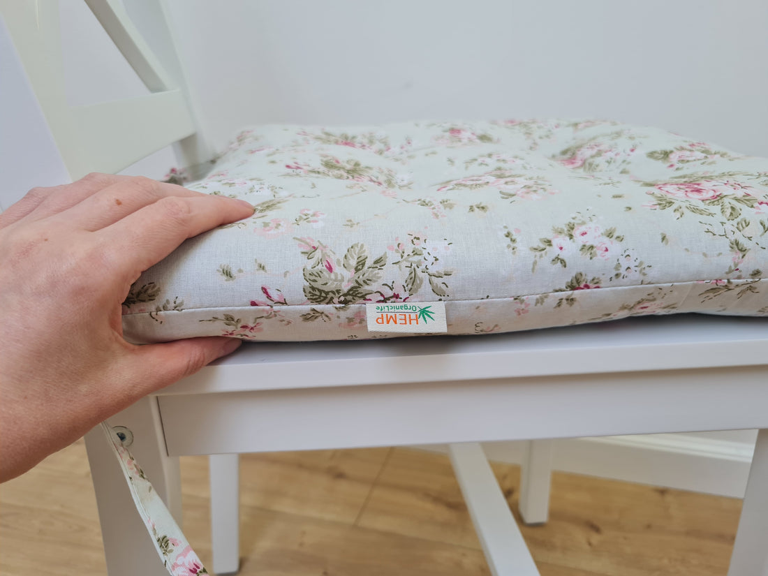 Hemp Chair Seat Cushion filled organic Hemp Fiber in Roses on Mint natural cotton fabric Custom Size, Pillow