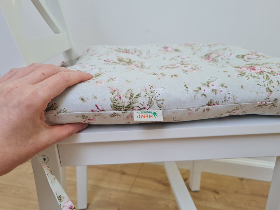 Hemp Chair Seat Cushion filled organic Hemp Fiber in Roses on Mint natural cotton fabric Custom Size, Pillow