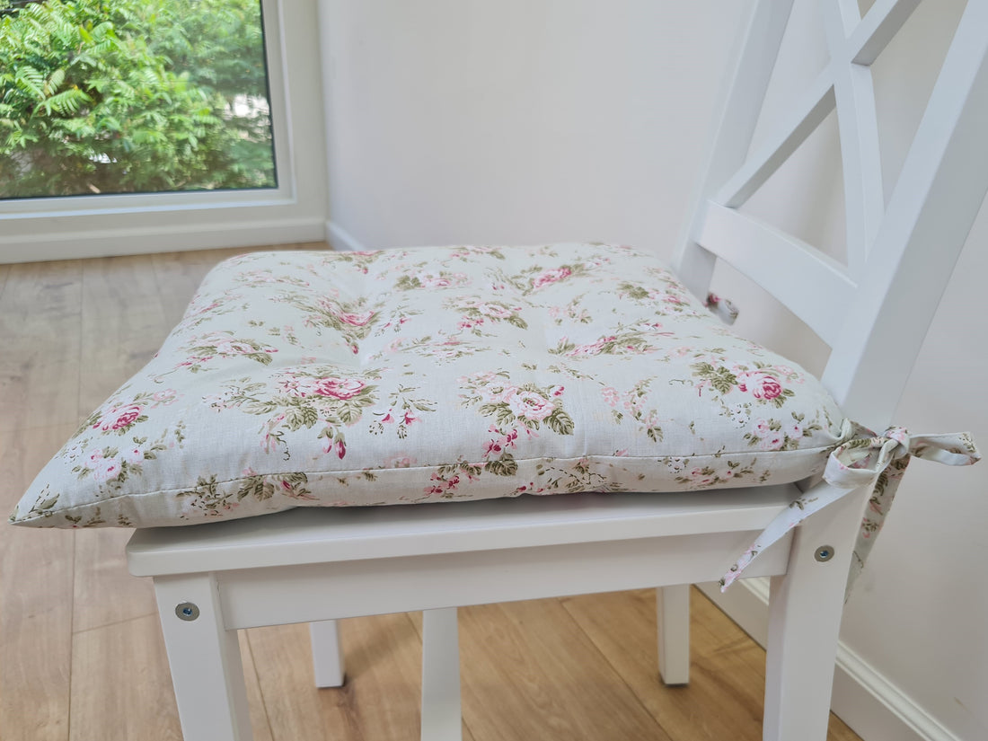 Hemp Chair Seat Cushion filled organic Hemp Fiber in Roses on Mint natural cotton fabric Custom Size, Pillow