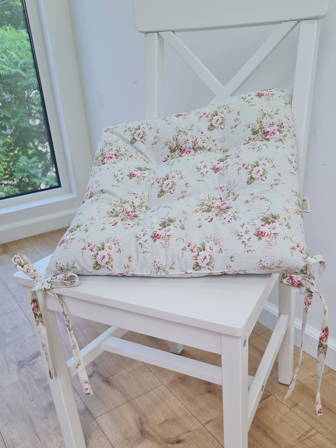 Hemp Chair Seat Cushion filled organic Hemp Fiber in Roses on Mint natural cotton fabric Custom Size, Pillow