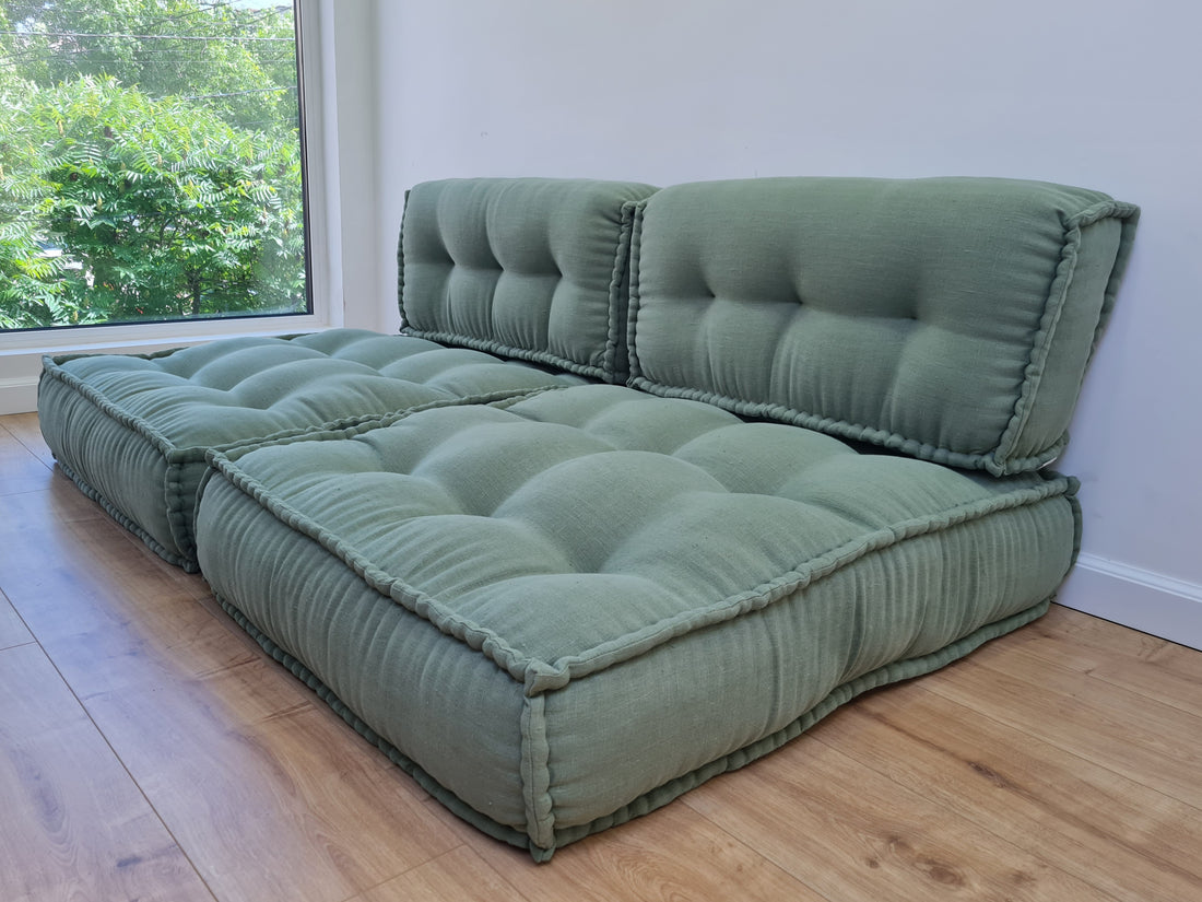 Unique Set of Hemp floor cushions: two 35"x28"x7.8"(90x72x20 cm), plus two back cushions of 28"x12.5"x7.8"(72x32x20) organic hemp filling