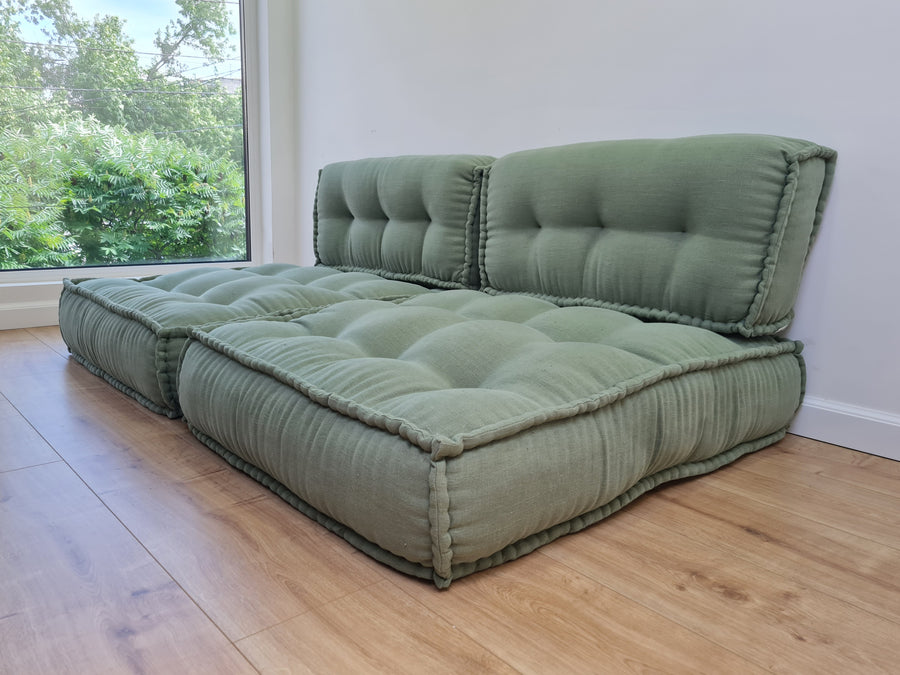 Unique Set of Hemp floor cushions: two 35"x28"x7.8"(90x72x20 cm), plus two back cushions of 28"x12.5"x7.8"(72x32x20) organic hemp filling