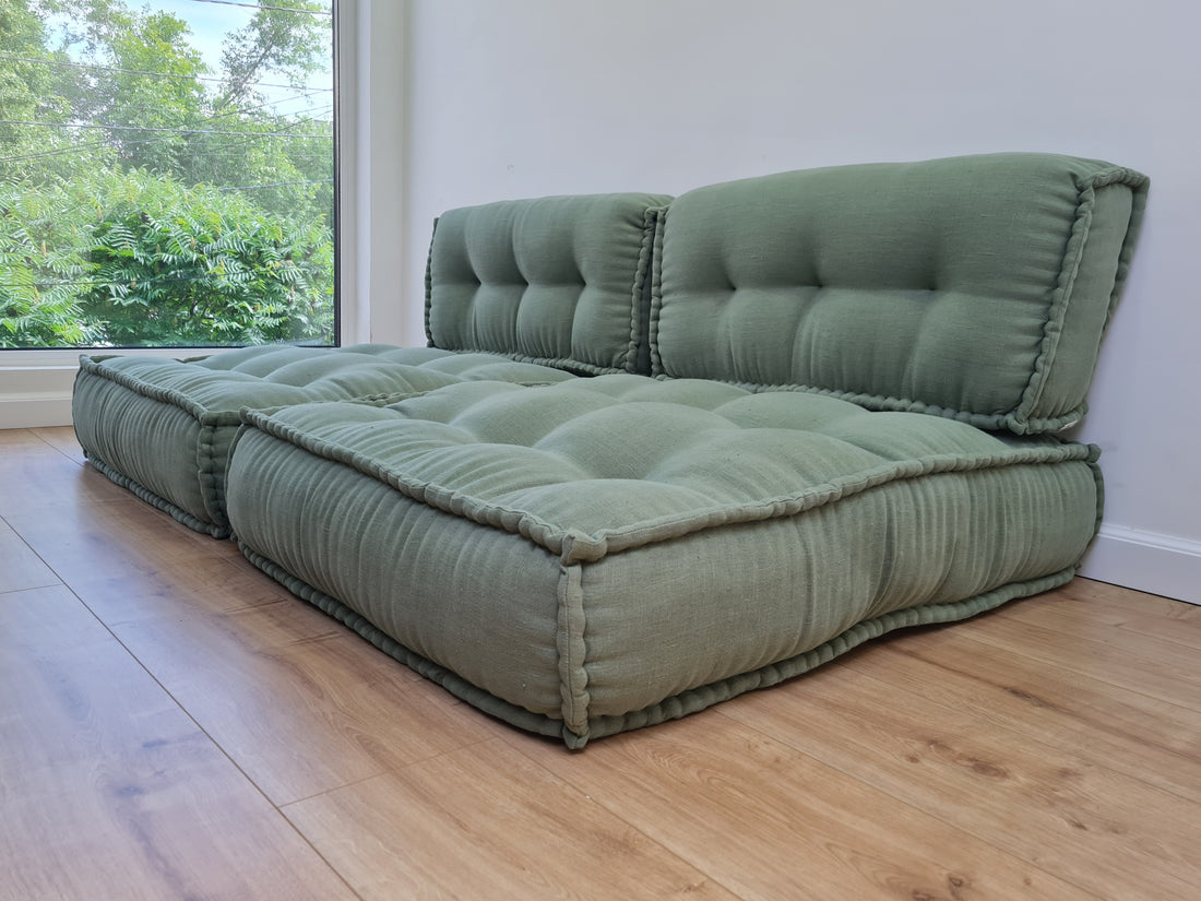 Unique Set of Hemp floor cushions: two 35"x28"x7.8"(90x72x20 cm), plus two back cushions of 28"x12.5"x7.8"(72x32x20) organic hemp filling