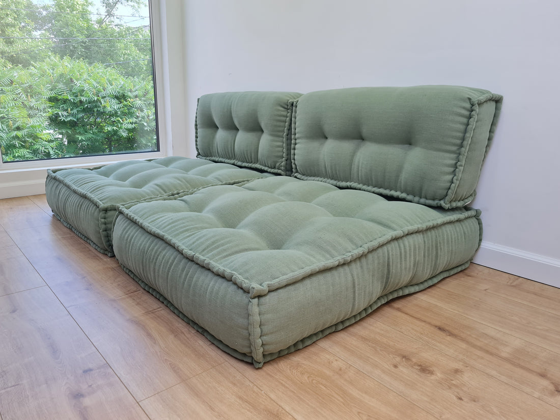 Unique Set of Hemp floor cushions: two cm), plus two back cushions of organic hemp filling