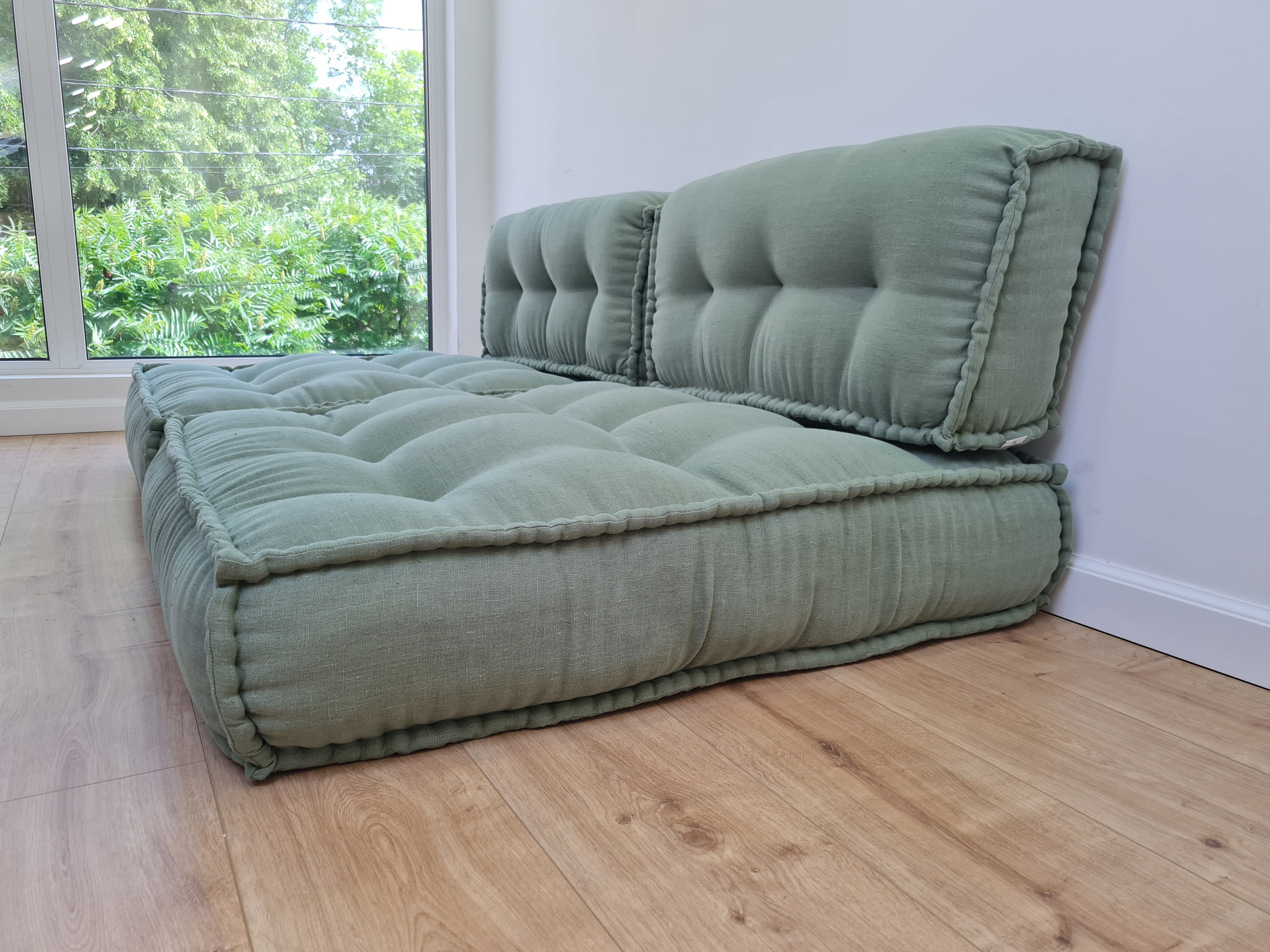 Unique Set of Hemp floor cushions: two 35"x28"x7.8"(90x72x20 cm), plus two back cushions of 28"x12.5"x7.8"(72x32x20) organic hemp filling