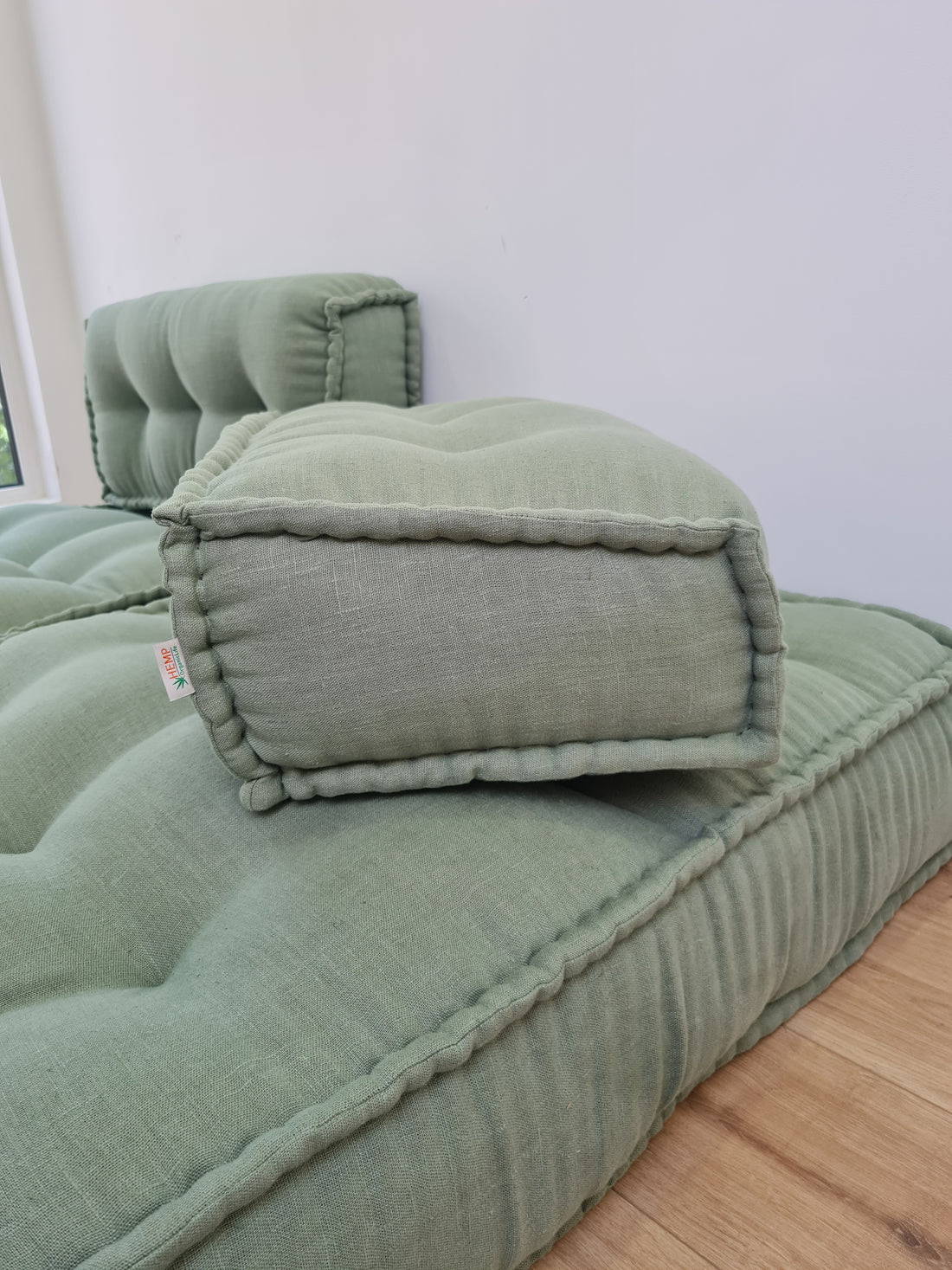 Unique Set of Hemp floor cushions: two 35"x28"x7.8"(90x72x20 cm), plus two back cushions of 28"x12.5"x7.8"(72x32x20) organic hemp filling