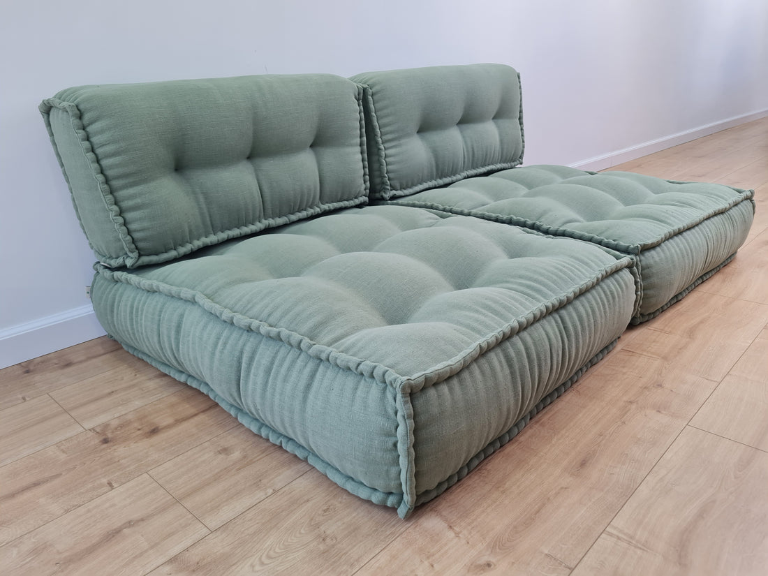 Unique Set of Hemp floor cushions: two 35"x28"x7.8"(90x72x20 cm), plus two back cushions of 28"x12.5"x7.8"(72x32x20) organic hemp filling