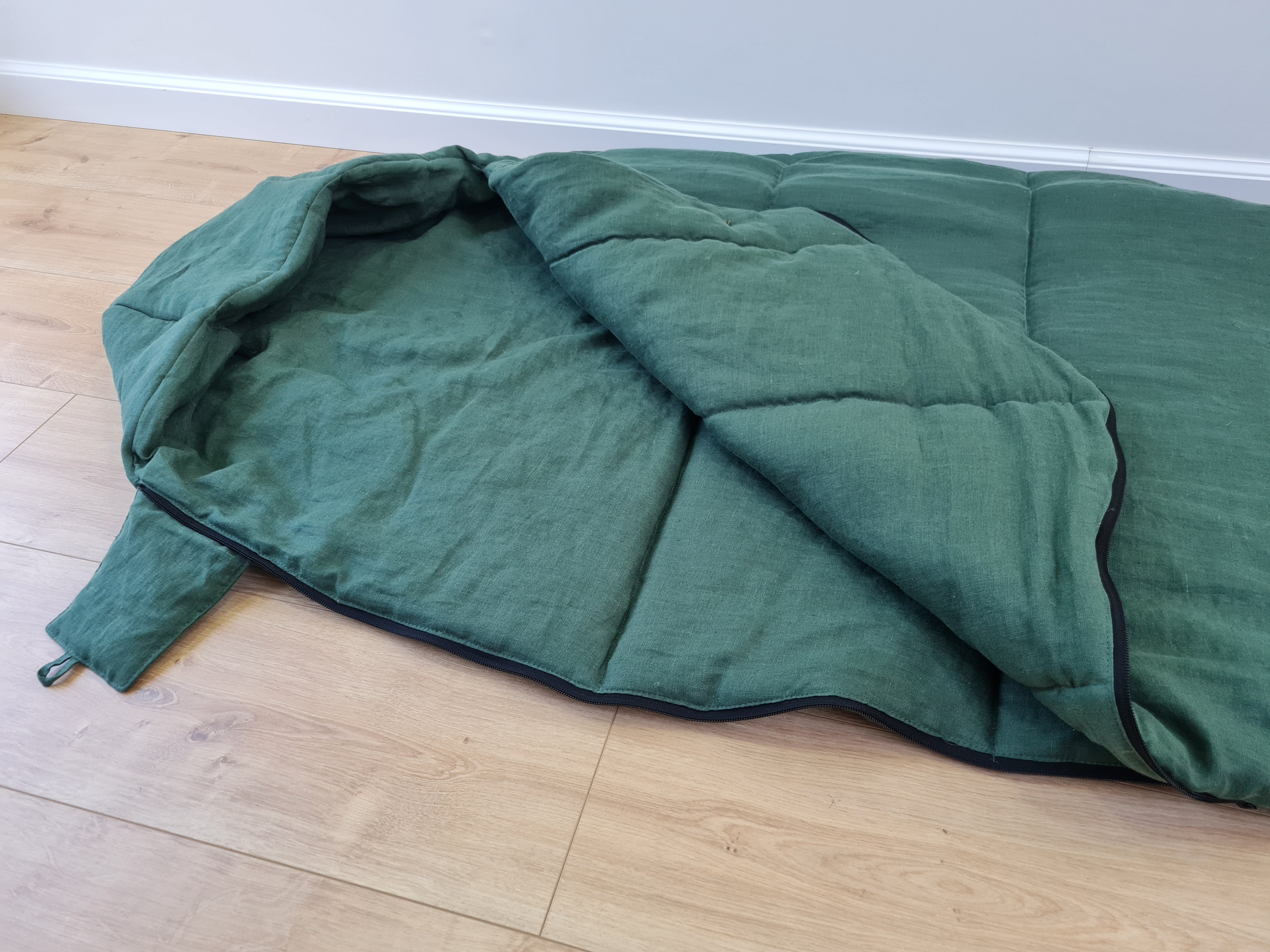 HEMP natural Sleeping bag with hood thick organic hemp fiber filling inside in linen dark green fabric hand made