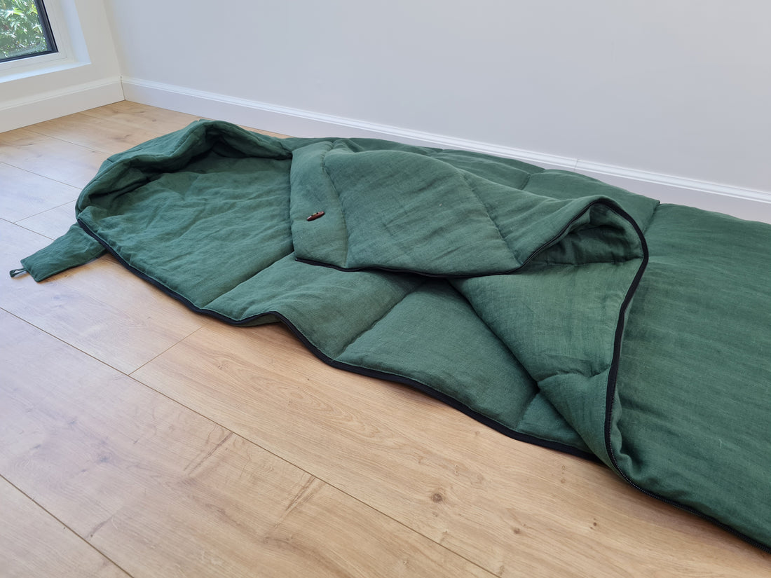 HEMP natural Sleeping bag with hood thick organic hemp fiber filling inside in linen dark green fabric hand made