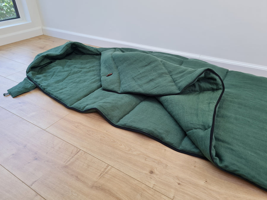 HEMP natural Sleeping bag with hood thick organic hemp fiber filling inside in linen dark green fabric hand made