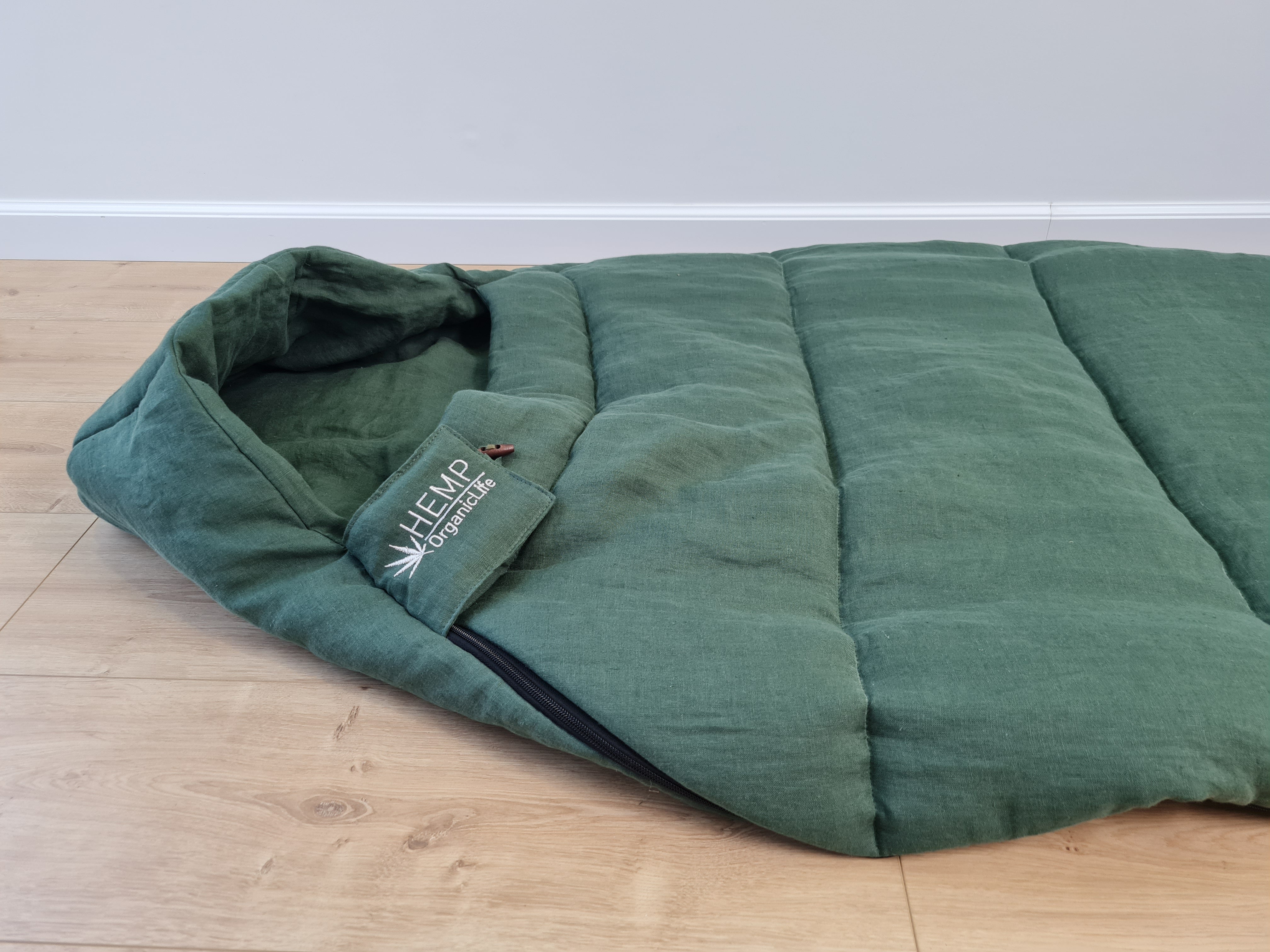 HEMP natural Sleeping bag with hood thick organic hemp fiber filling inside in linen dark green fabric hand made