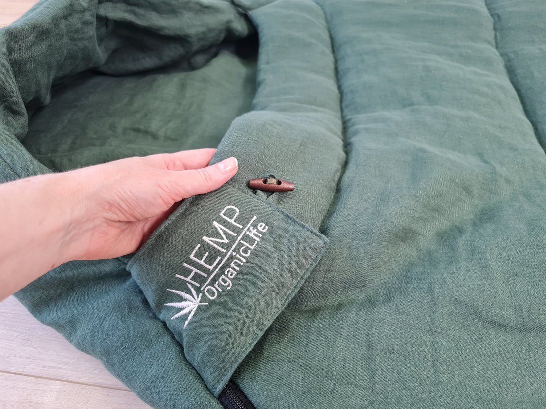 HEMP natural Sleeping bag with hood thick organic hemp fiber filling inside in linen dark green fabric hand made