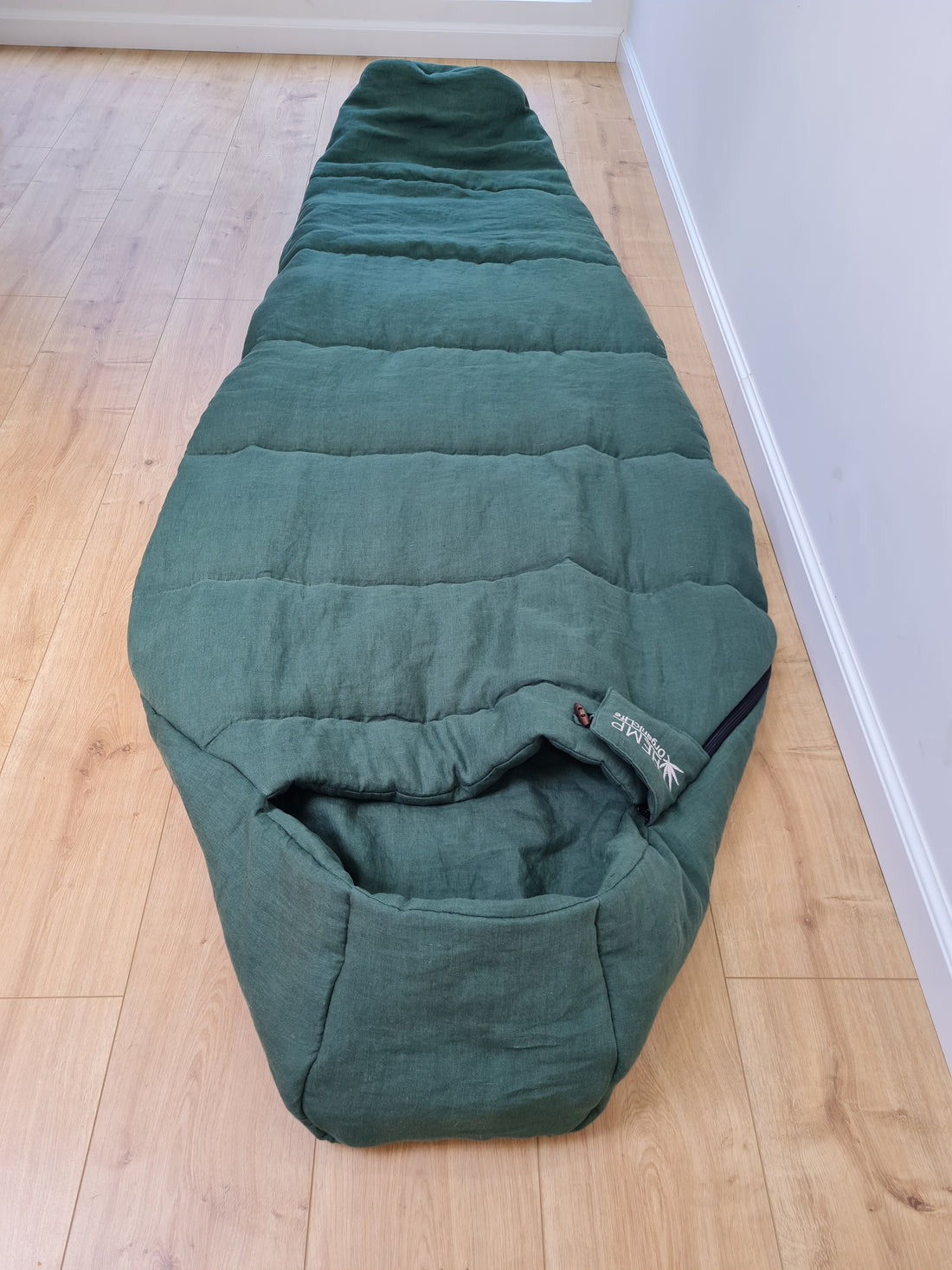 HEMP natural Sleeping bag with hood thick organic hemp fiber filling inside in linen dark green fabric hand made