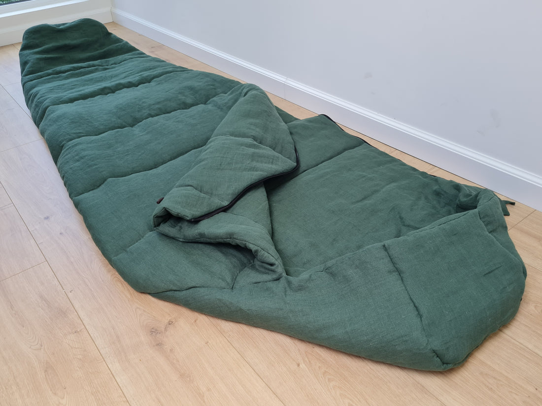 HEMP natural Sleeping bag with hood thick organic hemp fiber filling inside in linen dark green fabric hand made