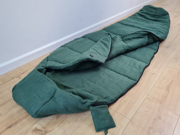 HEMP natural Sleeping bag with hood thick organic hemp fiber filling inside in linen dark green fabric hand made