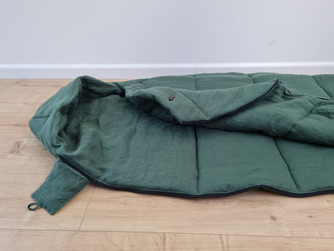 HEMP natural Sleeping bag with hood thick organic hemp fiber filling inside in linen dark green fabric hand made