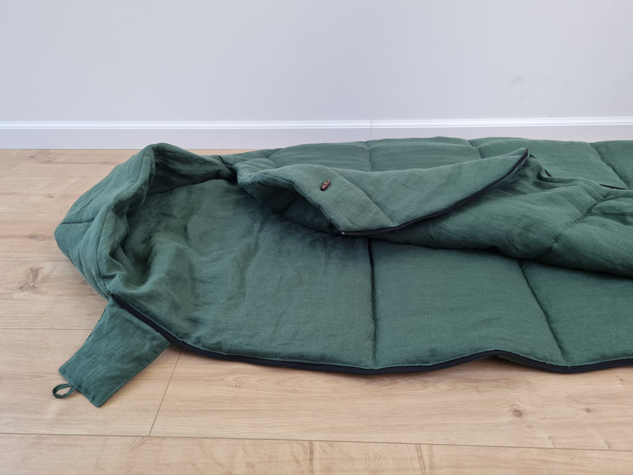 HEMP natural Sleeping bag with hood thick organic hemp fiber filling inside in linen dark green fabric hand made