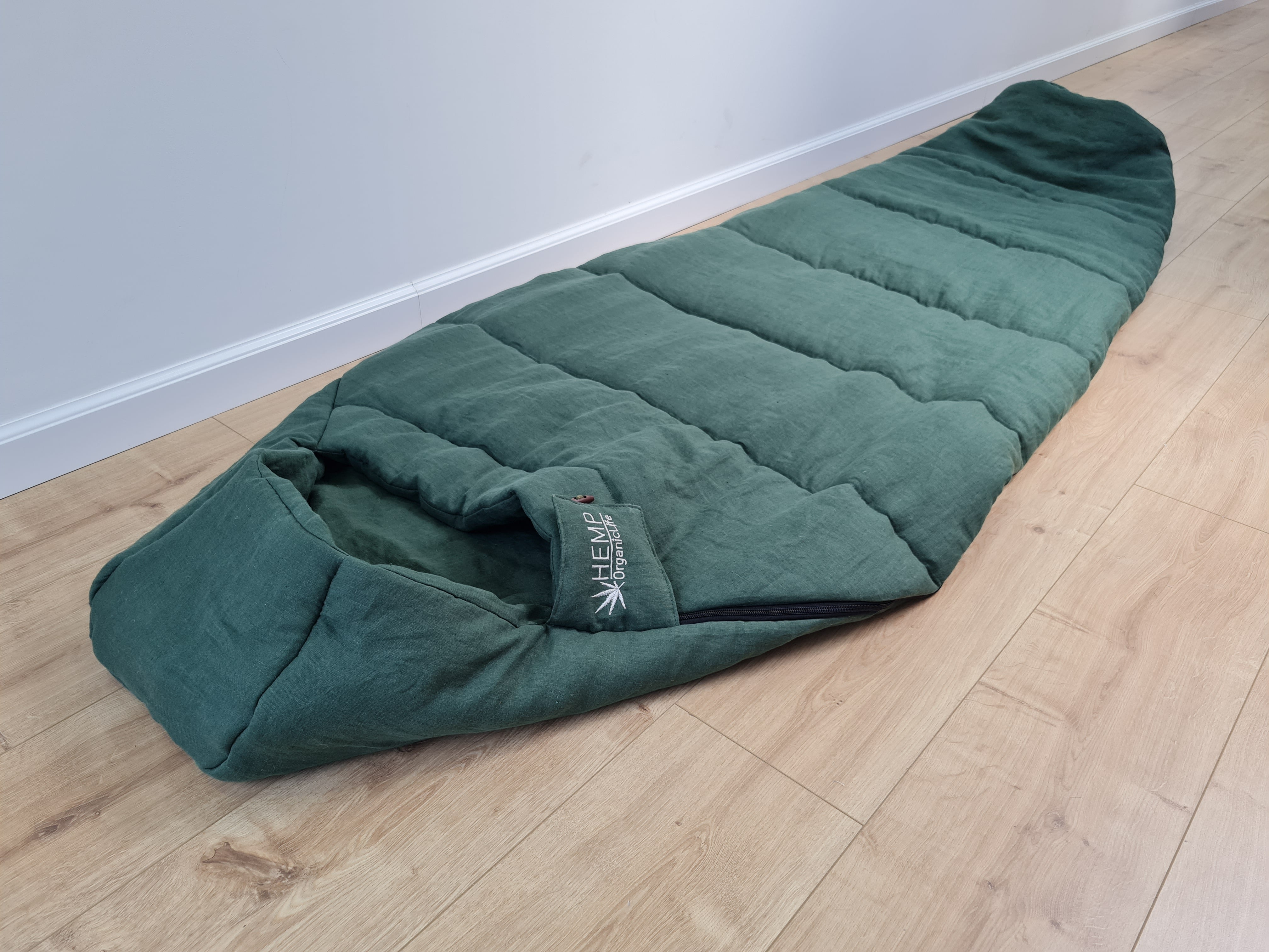 HEMP natural Sleeping bag with hood thick organic hemp fiber filling inside in linen dark green fabric hand made