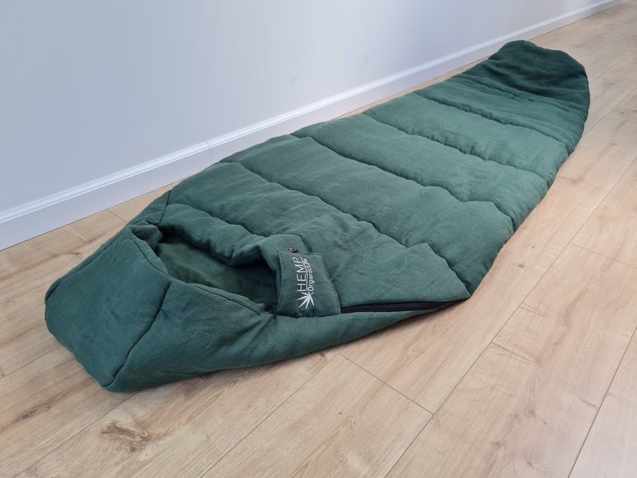 HEMP natural Sleeping bag with hood thick organic hemp fiber filling inside in linen dark green fabric hand made