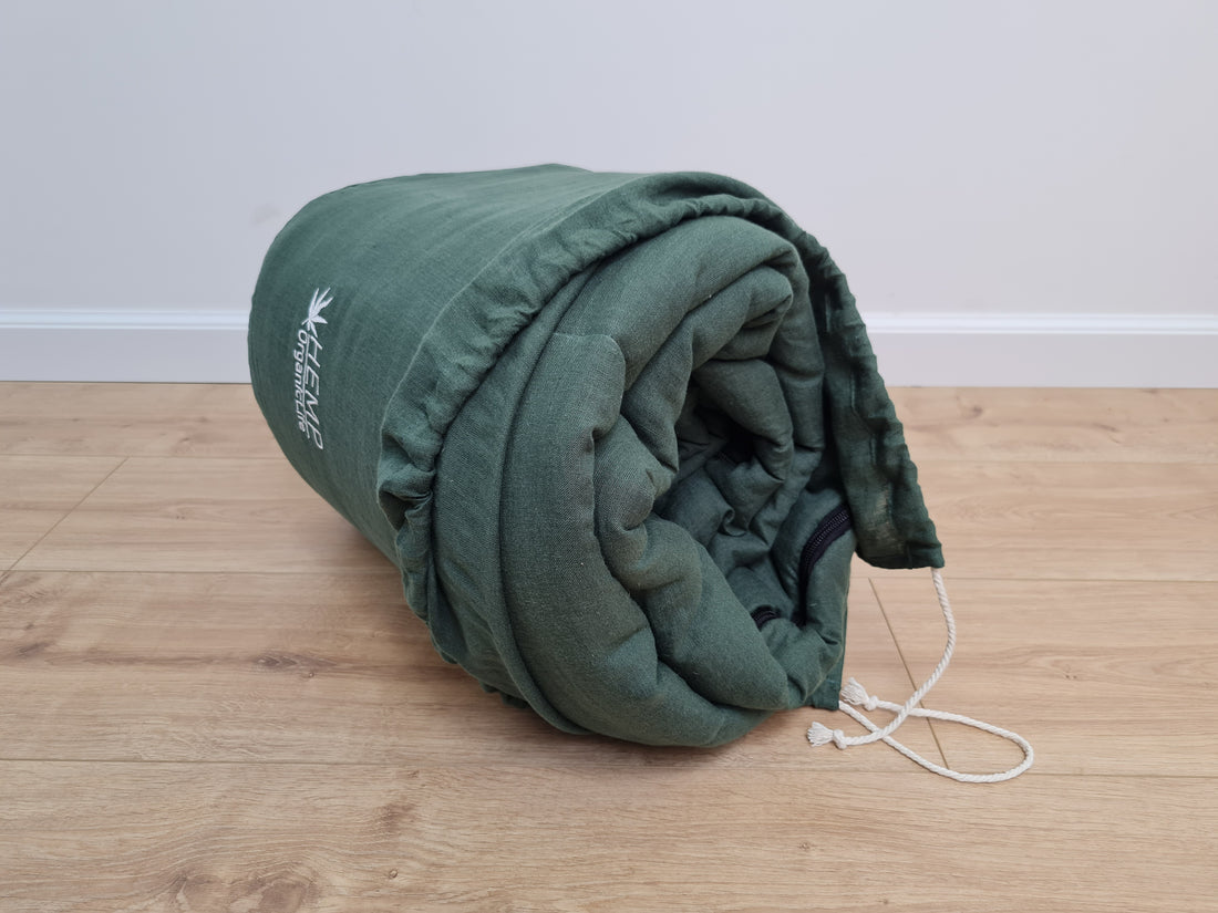 HEMP natural Sleeping bag with hood thick organic hemp fiber filling inside in linen dark green fabric hand made