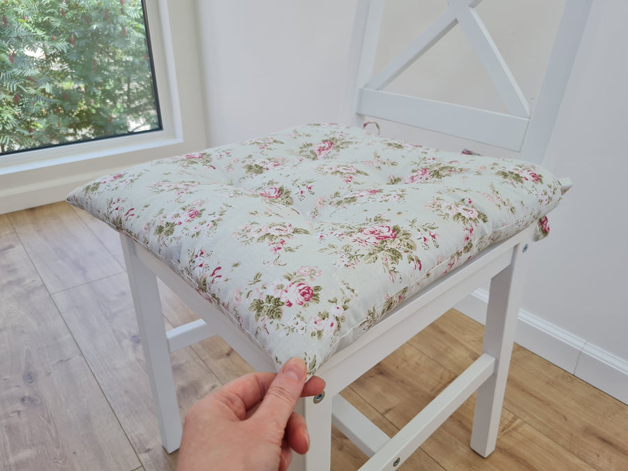 Hemp Chair Seat Cushion filled organic Hemp Fiber in Roses on Mint natural cotton fabric Custom Size, Pillow