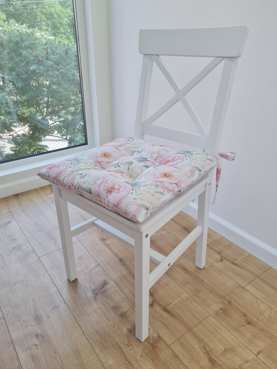 Hemp Chair Seat Cushion filled organic Hemp Fiber in Pink Peonies natural cotton fabric Custom Size, Pillow seat