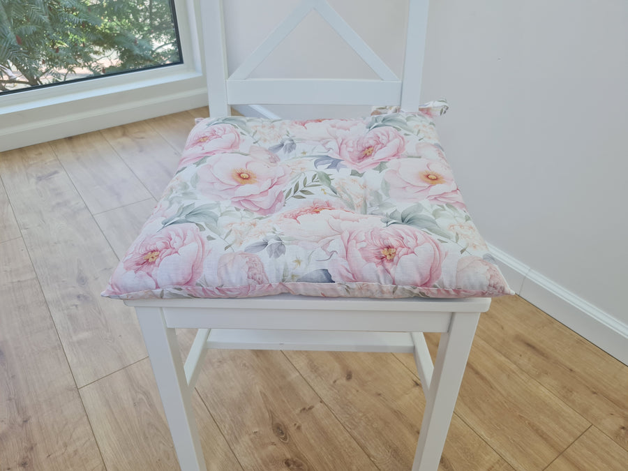 Hemp Chair Seat Cushion filled organic Hemp Fiber in Pink Peonies natural cotton fabric Custom Size, Pillow seat
