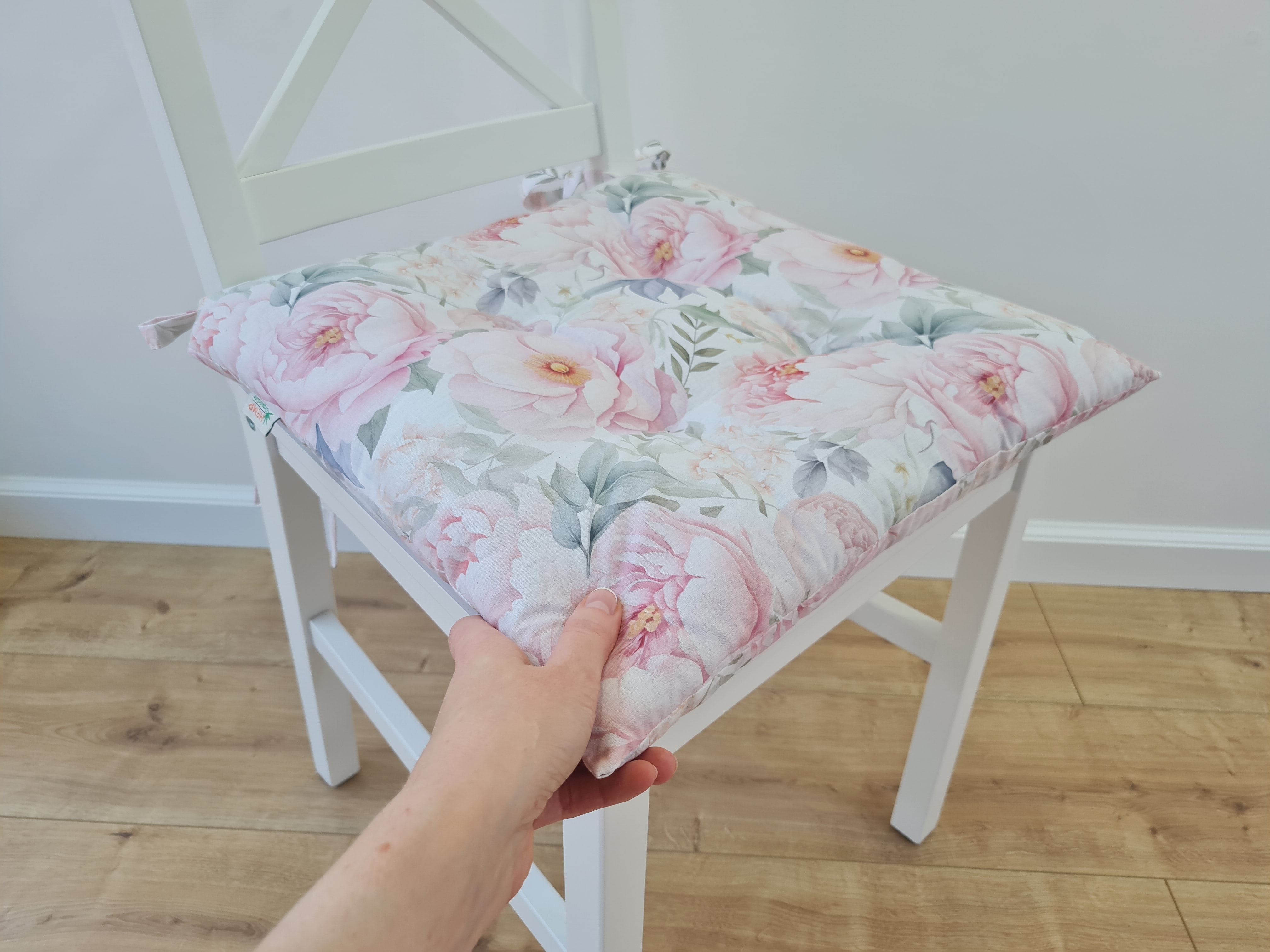 16"x16" (40x40 cm) Hemp Chair Seat Cushion filled organic Hemp Fiber in Pink Peonies natural cotton fabric
