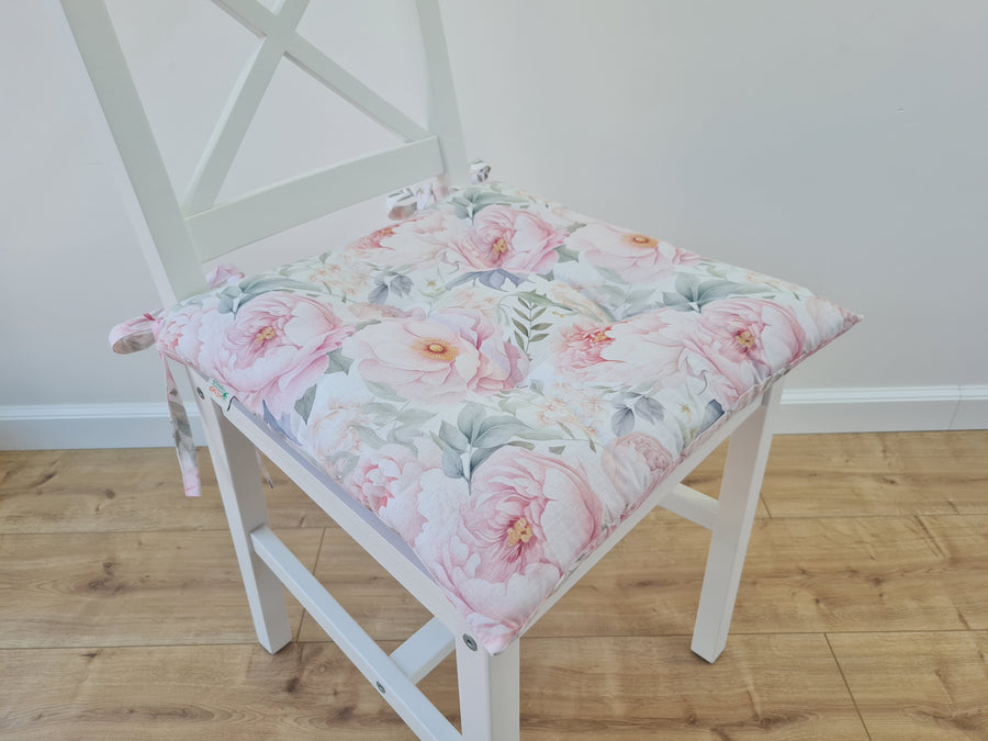 Hemp Chair Seat Cushion filled organic Hemp Fiber in Pink Peonies natural cotton fabric Custom Size, Pillow seat