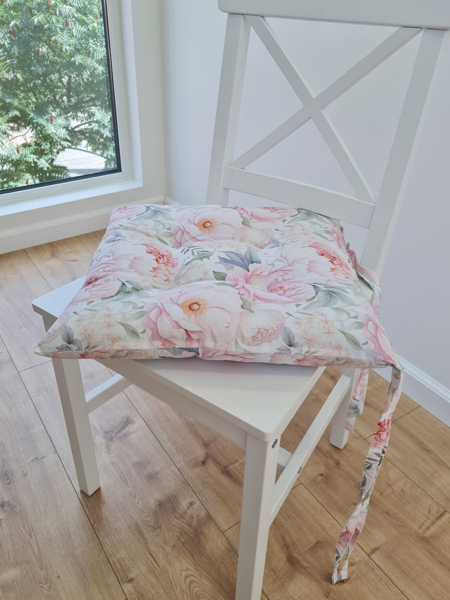 Hemp Chair Seat Cushion filled organic Hemp Fiber in Pink Peonies natural cotton fabric Custom Size, Pillow seat
