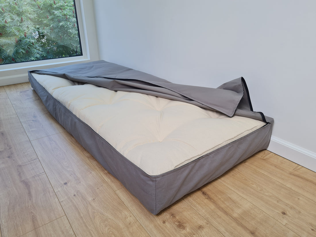 Hemp filled futon 6" thick in natural cotton fabric with Water-repellent cotton cover with zipper