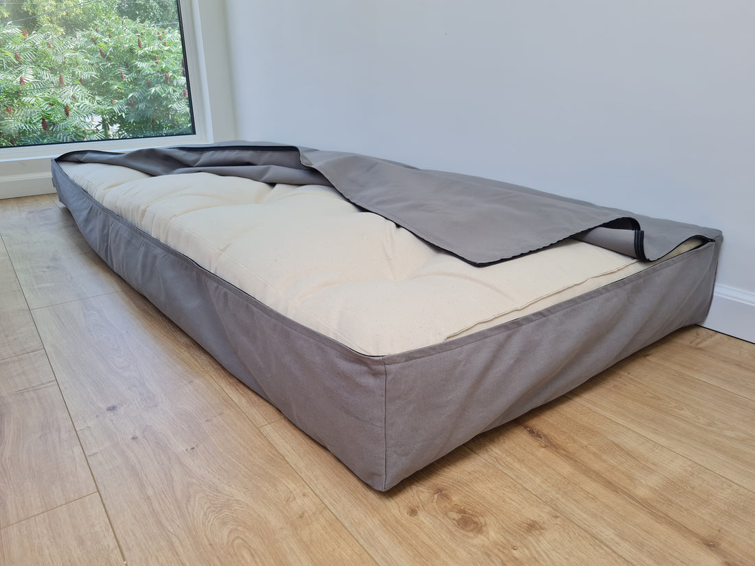 Hemp filled futon 6" thick in natural cotton fabric with Water-repellent cotton cover with zipper