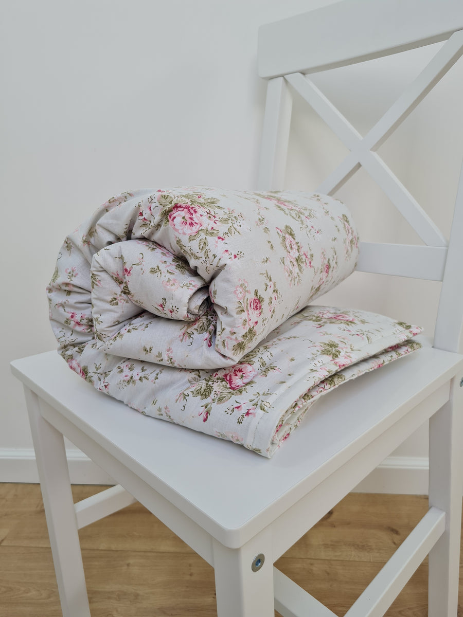 Natural Hemp Blanket in Roses on Mint natural cotton fabric filled organic Hemp fiber filler Full Queen King Custom size Blanket