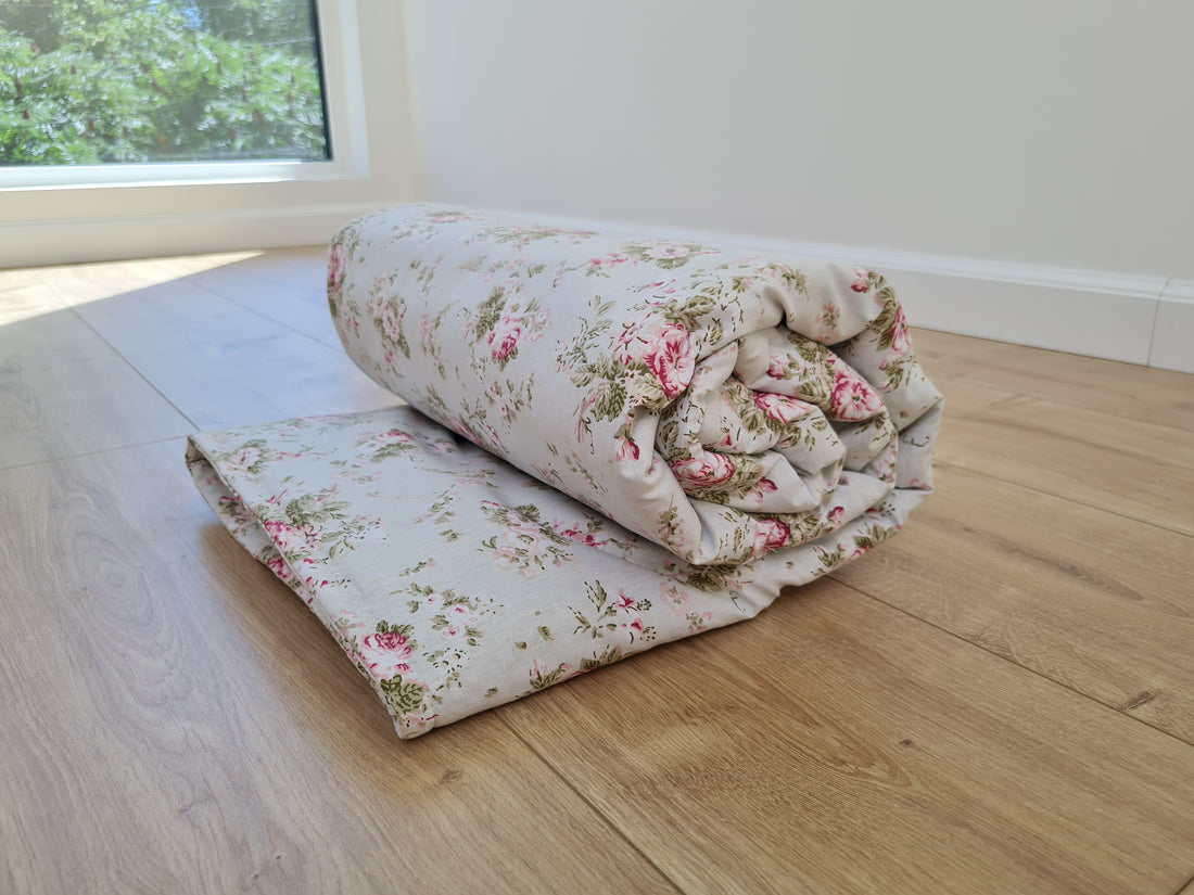 Natural Hemp Blanket in Roses on Mint natural cotton fabric filled organic Hemp fiber filler Full Queen King Custom size Blanket