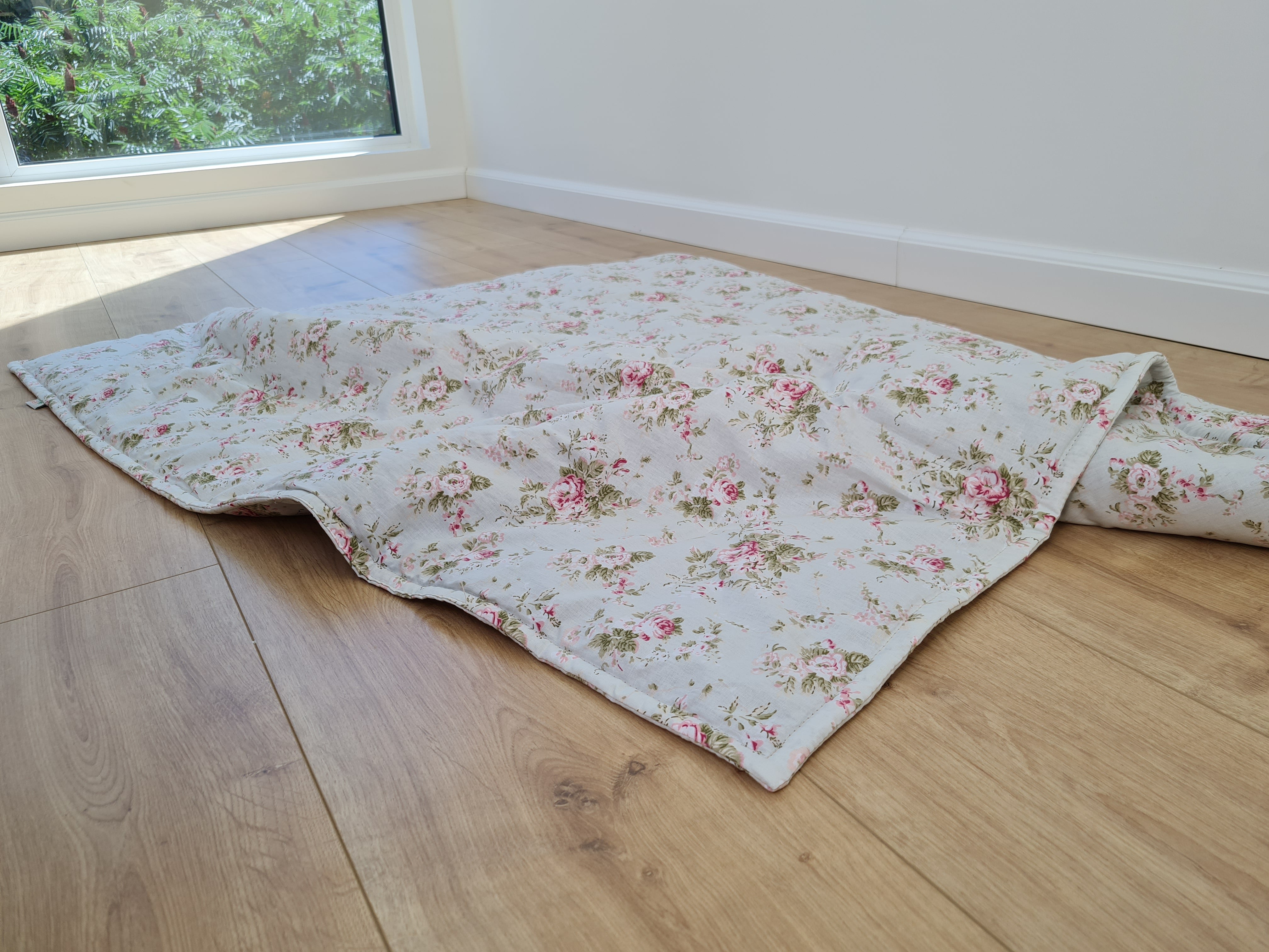Natural Hemp Blanket in Roses on Mint natural cotton fabric filled organic Hemp fiber filler Full Queen King Custom size Blanket