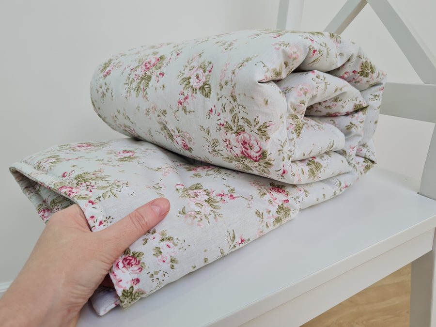 Natural Hemp Blanket in Roses on Mint natural cotton fabric filled organic Hemp fiber filler Full Queen King Custom size Blanket