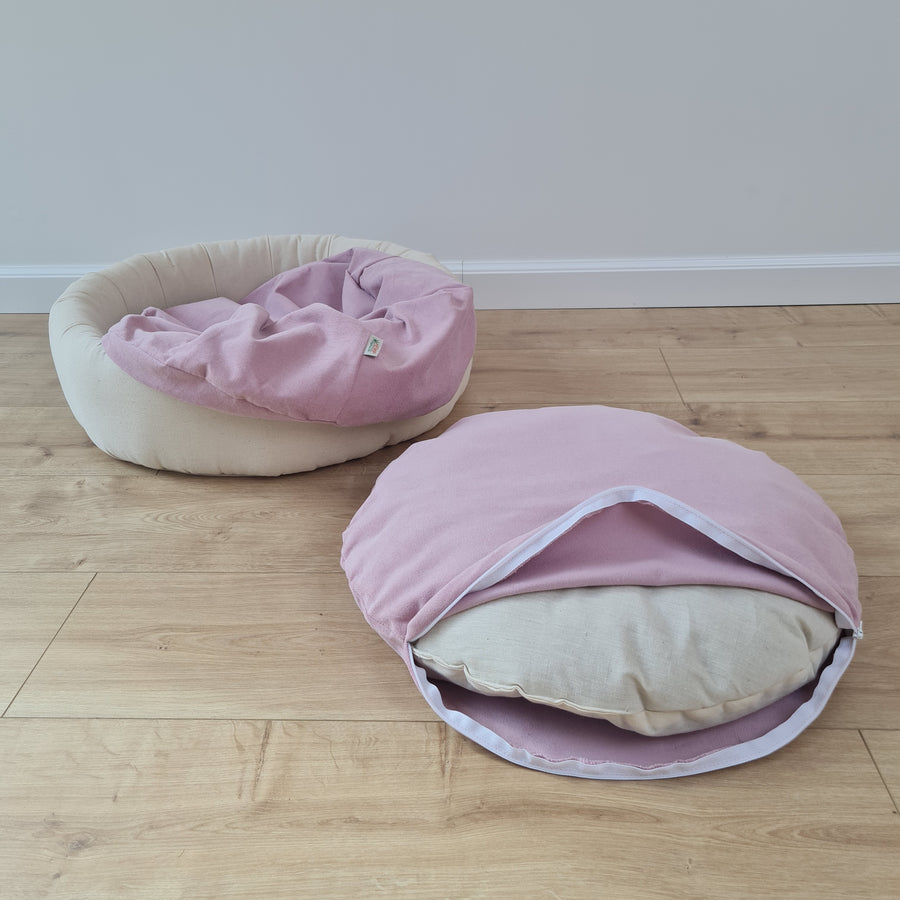 Round Hemp Cotton velvet Light Pink Pet Bed with Removable Washable Natural velvet Cover Filled Organic Hemp Fiber house eco-friendly Gift