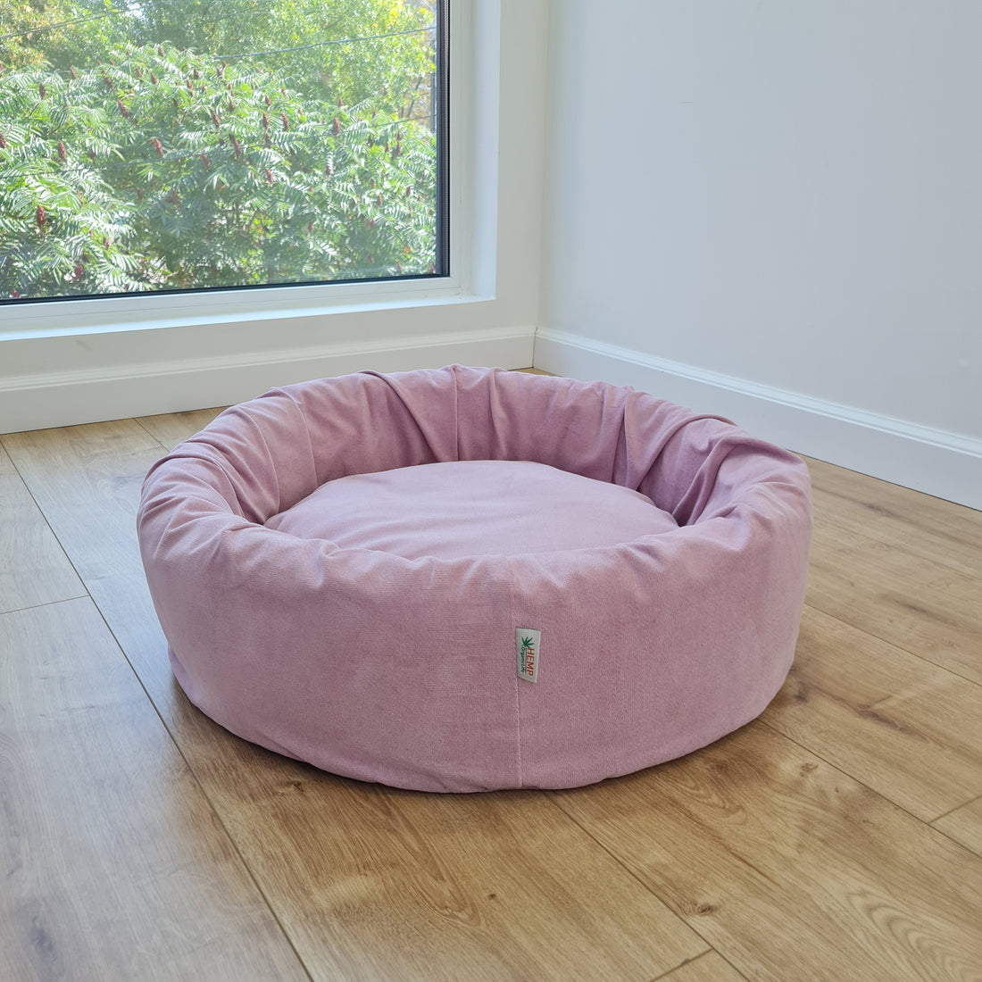 Round Hemp Cotton velvet Light Pink Pet Bed with Removable Washable Natural velvet Cover Filled Organic Hemp Fiber house eco-friendly Gift
