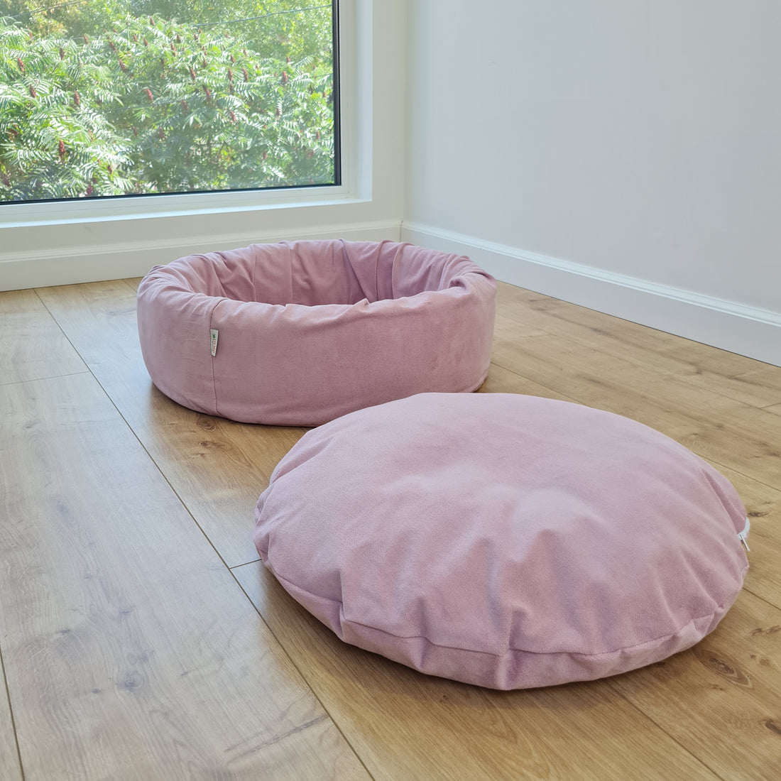 Round Hemp Cotton velvet Light Pink Pet Bed with Removable Washable Natural velvet Cover Filled Organic Hemp Fiber house eco-friendly Gift