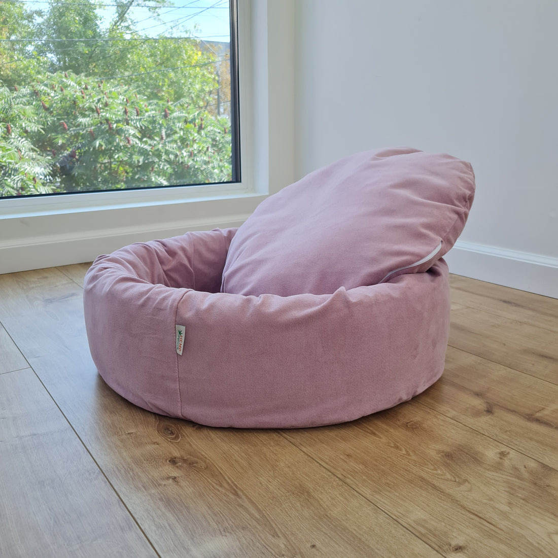 Round Hemp Cotton velvet Light Pink Pet Bed with Removable Washable Natural velvet Cover Filled Organic Hemp Fiber house eco-friendly Gift