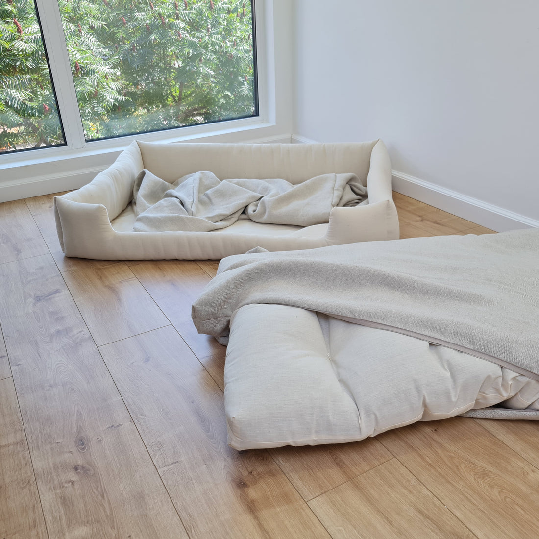 Hemp Pet Bed Removable Washable Natural Linen Cover Bed Filled Organic Hemp Fiber Filler - with thick topper inside - house for cats dogs