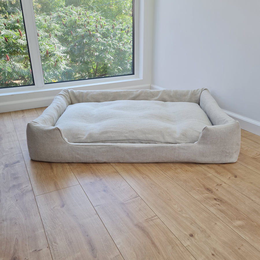 Hemp Pet Bed Removable Washable Natural Linen Cover Bed Filled Organic Hemp Fiber Filler - with thick topper inside - house for cats dogs